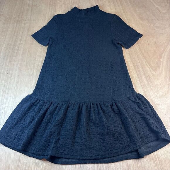 ZARA Black Textured Mini Dress 🖤 Drop Waist Mock Neck Size S - Picture 1 of 3